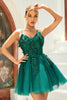Load image into Gallery viewer, A Line Spaghetti Straps Dark Green Short Prom Dress with Appliques Beading