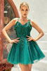 Load image into Gallery viewer, A Line Spaghetti Straps Dark Green Short Prom Dress with Appliques Beading