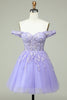 Load image into Gallery viewer, A Line Off the Shoulder Lilac Corset Short Prom Dress with Appliques