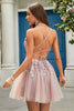 Load image into Gallery viewer, A Line Spaghetti Straps Blush Short Prom Dress with Criss Cross Back