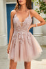 Load image into Gallery viewer, A Line Spaghetti Straps Blush Short Prom Dress with Criss Cross Back