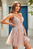 Load image into Gallery viewer, A Line Spaghetti Straps Blush Short Prom Dress with Criss Cross Back