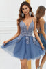 Load image into Gallery viewer, A Line Spaghetti Straps Grey Blue Short Prom Dress with Appliques