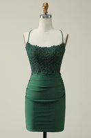 Load image into Gallery viewer, Sparkly Sheath Spaghetti Straps Dark Green Short Prom Dress with Appliques