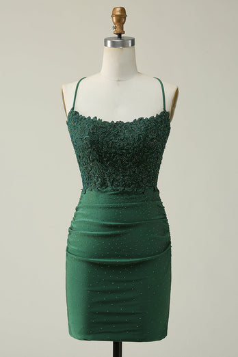 Sparkly Sheath Spaghetti Straps Dark Green Short Prom Dress with Appliques