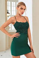Load image into Gallery viewer, Sparkly Sheath Spaghetti Straps Dark Green Short Prom Dress with Appliques