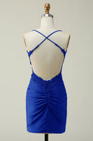 Load image into Gallery viewer, Stylish Sheath Spaghetti Straps Royal Blue Short Prom Dress with Appliques