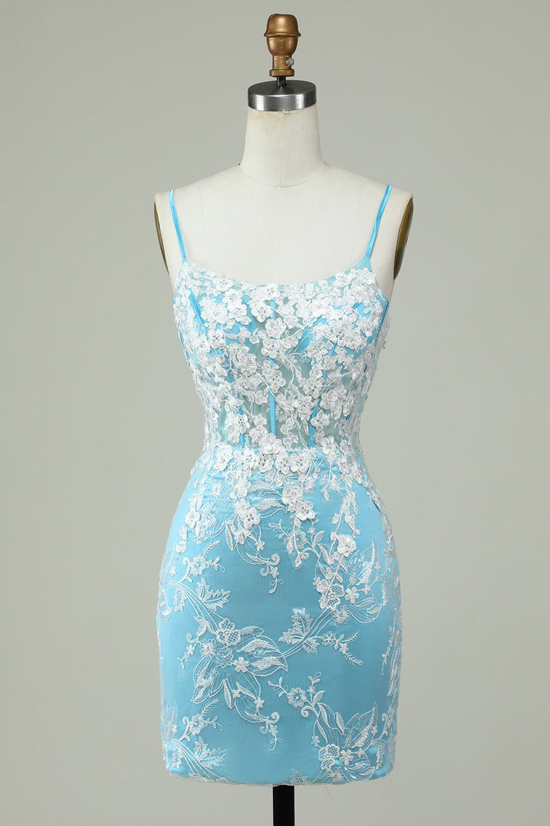 Load image into Gallery viewer, Sheath Spaghetti Straps Light Blue Short Prom Dress with Appliques