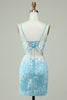 Load image into Gallery viewer, Sheath Spaghetti Straps Light Blue Short Prom Dress with Appliques