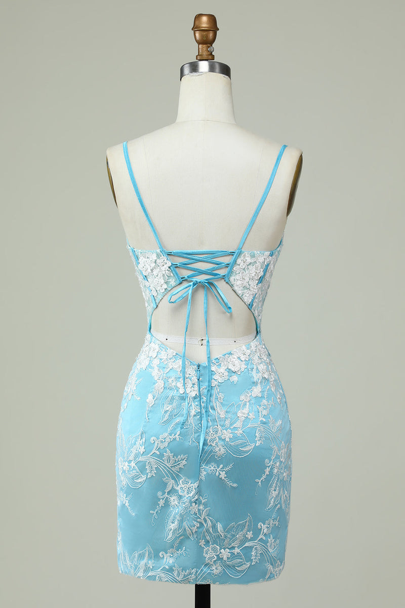 Load image into Gallery viewer, Sheath Spaghetti Straps Light Blue Short Prom Dress with Appliques