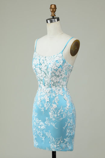 Sheath Spaghetti Straps Light Blue Short Prom Dress with Appliques