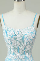Load image into Gallery viewer, Sheath Spaghetti Straps Light Blue Short Prom Dress with Appliques