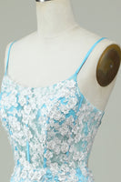 Load image into Gallery viewer, Sheath Spaghetti Straps Light Blue Short Prom Dress with Appliques