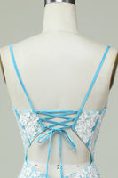 Load image into Gallery viewer, Sheath Spaghetti Straps Light Blue Short Prom Dress with Appliques