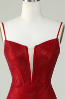 Load image into Gallery viewer, Sheath Spaghetti Straps Red Short Prom Dress with Beading