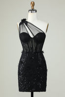 Load image into Gallery viewer, Bodycon One Shoulder Black Corset Short Prom Dress with Appliques