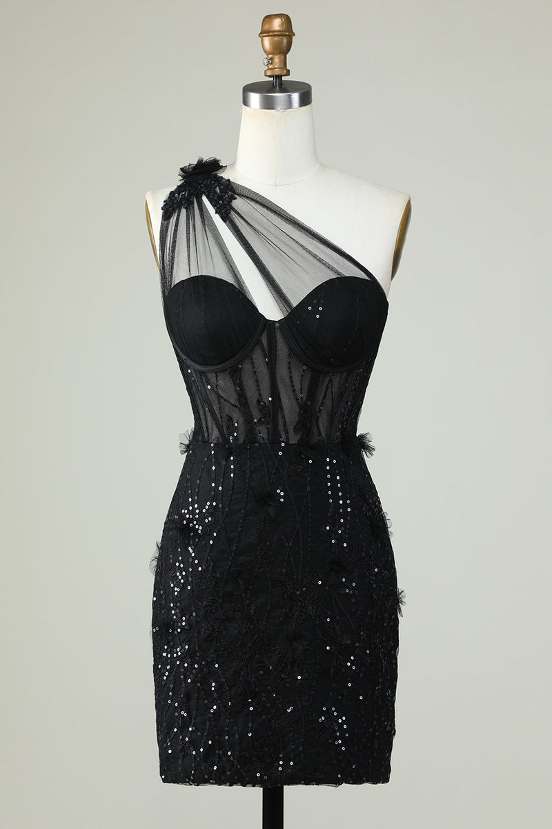 Load image into Gallery viewer, Bodycon One Shoulder Black Corset Short Prom Dress with Appliques
