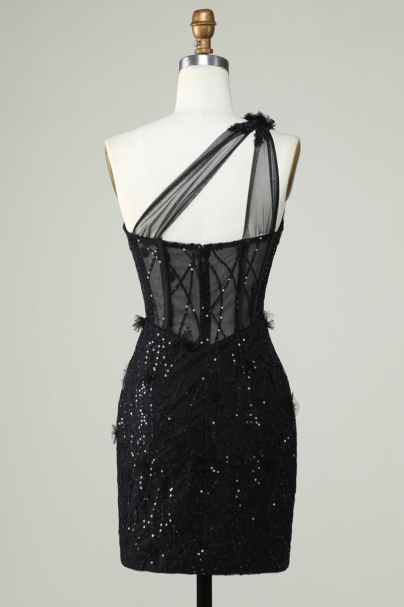 Load image into Gallery viewer, Bodycon One Shoulder Black Corset Short Prom Dress with Appliques
