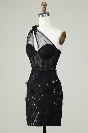 Bodycon One Shoulder Black Corset Short Prom Dress with Appliques
