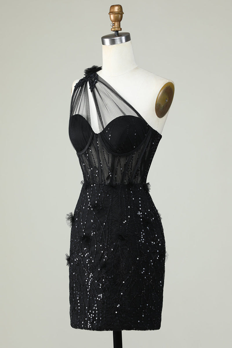 Load image into Gallery viewer, Bodycon One Shoulder Black Corset Short Prom Dress with Appliques