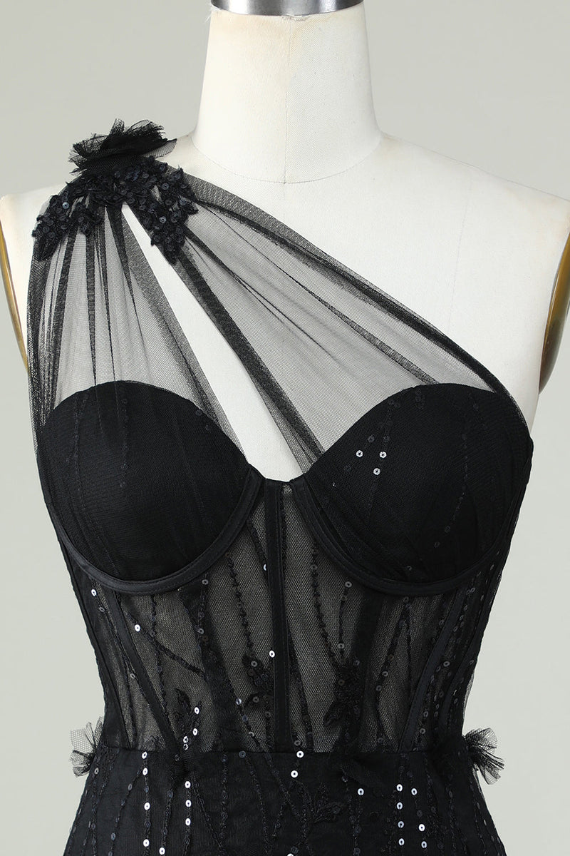 Load image into Gallery viewer, Bodycon One Shoulder Black Corset Short Prom Dress with Appliques