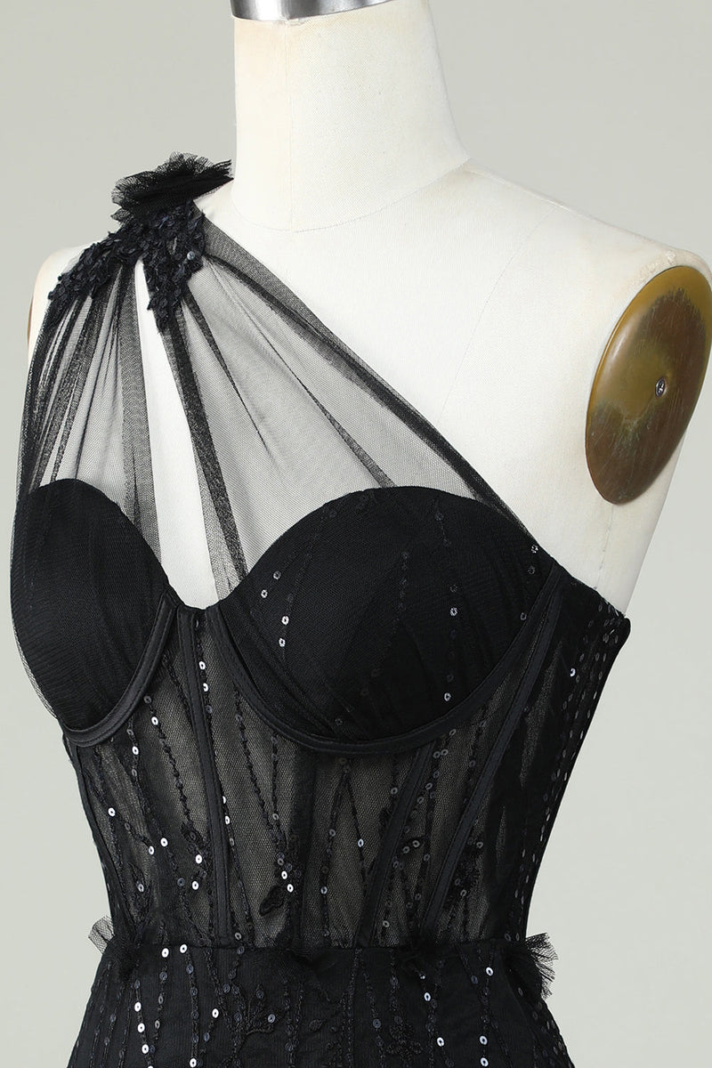 Load image into Gallery viewer, Bodycon One Shoulder Black Corset Short Prom Dress with Appliques