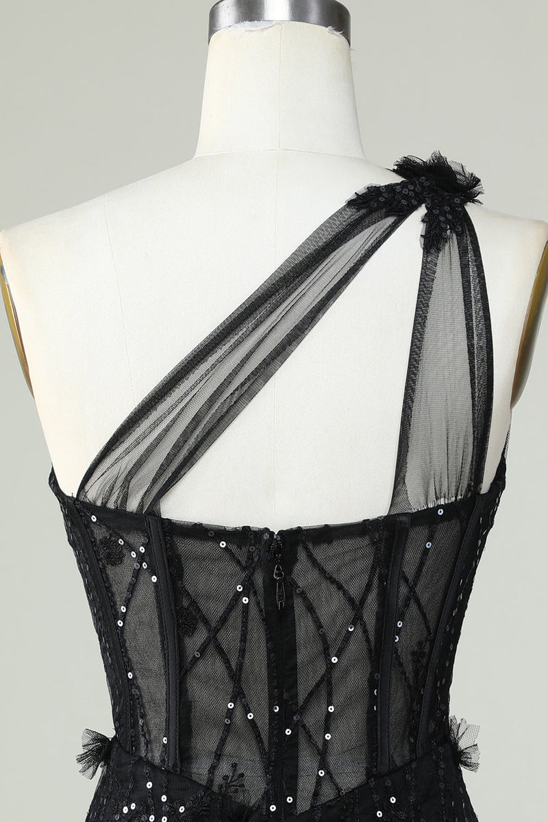Load image into Gallery viewer, Bodycon One Shoulder Black Corset Short Prom Dress with Appliques