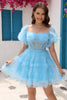 Load image into Gallery viewer, Blue Tulle Off The Shoulder Short Homecoming Dress