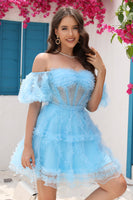 Load image into Gallery viewer, Blue Tulle Off The Shoulder Short Homecoming Dress