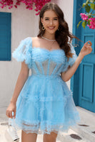 Load image into Gallery viewer, Blue Tulle Off The Shoulder Short Homecoming Dress