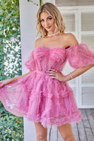 Load image into Gallery viewer, Hot Pink Off the Shoulder Tulle Short Prom Dress