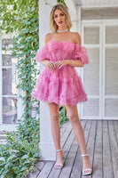 Load image into Gallery viewer, Hot Pink Off the Shoulder Tulle Short Prom Dress