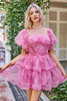 Load image into Gallery viewer, Hot Pink Off the Shoulder Tulle Short Prom Dress