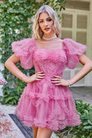Load image into Gallery viewer, Hot Pink Off the Shoulder Tulle Short Prom Dress