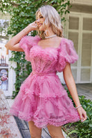 Load image into Gallery viewer, Hot Pink Off the Shoulder Tulle Short Prom Dress
