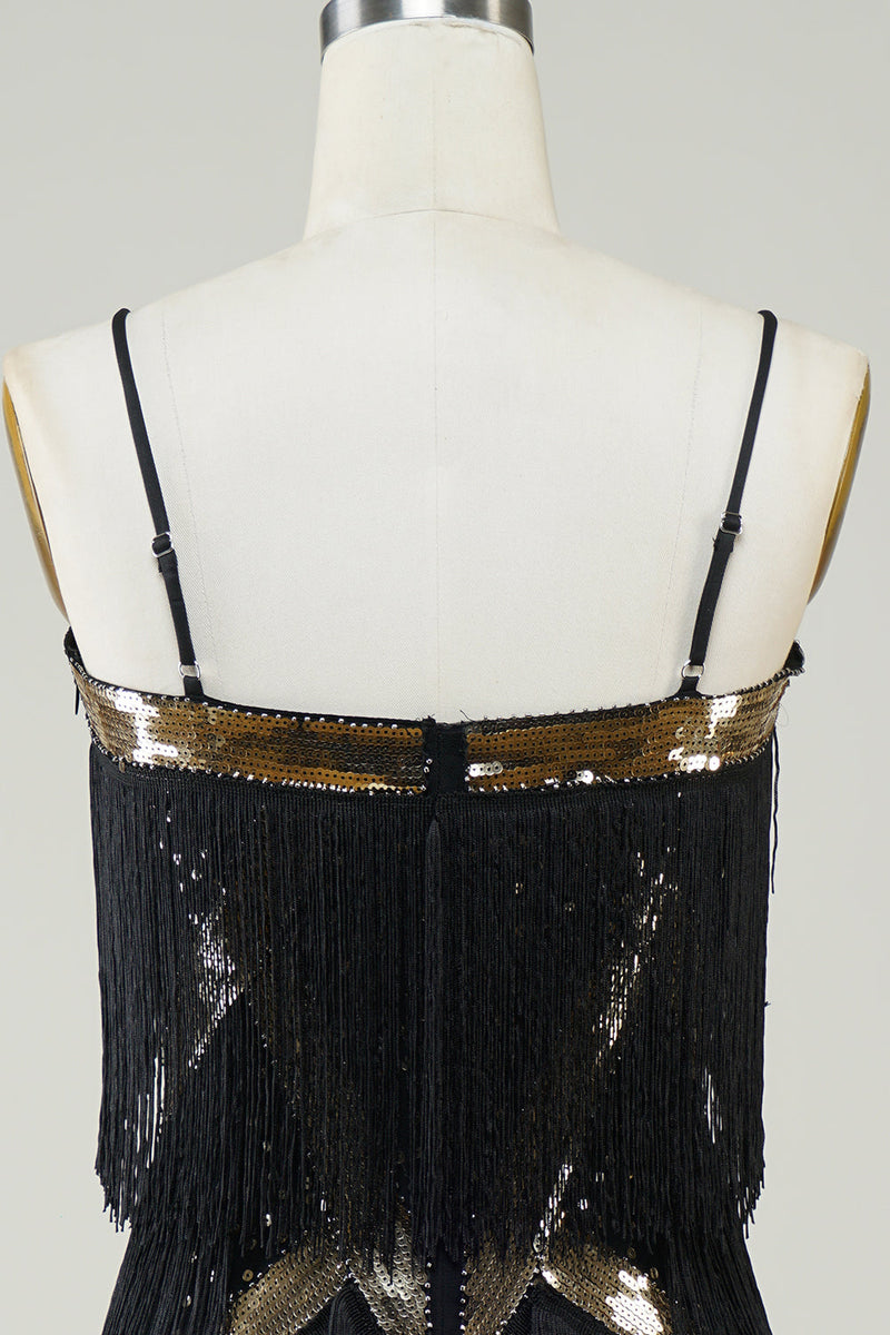 Load image into Gallery viewer, Black Spaghetti Straps Sequins 1920s Dress with Fringes