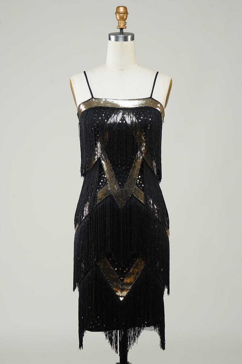 Load image into Gallery viewer, Black Spaghetti Straps Sequins 1920s Dress with Fringes
