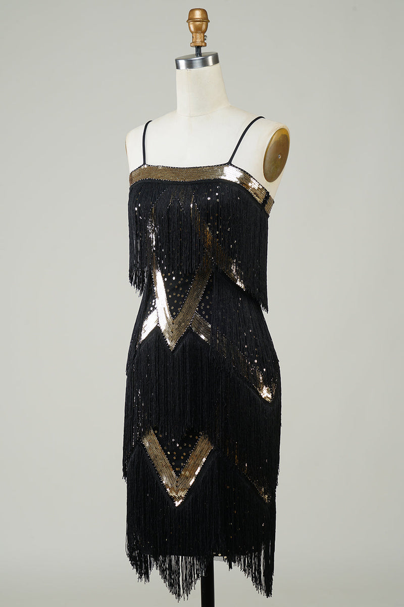 Load image into Gallery viewer, Black Spaghetti Straps Sequins 1920s Dress with Fringes