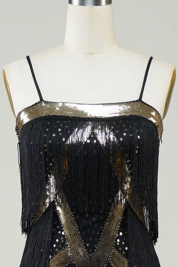 Black Spaghetti Straps Sequins 1920s Dress with Fringes
