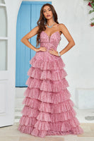 Load image into Gallery viewer, Spaghetti Straps Layered Tulle Prom Dress with Floral Printed