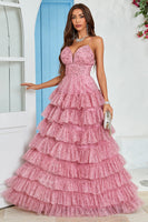 Load image into Gallery viewer, Spaghetti Straps Layered Tulle Prom Dress with Floral Printed