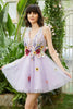 Load image into Gallery viewer, Purple Deep V Neck Open Back Short Prom Dress With 3D Flowers