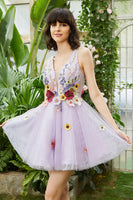 Load image into Gallery viewer, Purple Deep V Neck Open Back Short Prom Dress With 3D Flowers