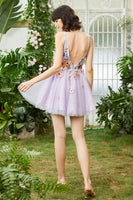 Load image into Gallery viewer, Purple Deep V Neck Open Back Short Prom Dress With 3D Flowers