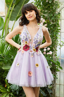 Load image into Gallery viewer, Purple Deep V Neck Open Back Short Prom Dress With 3D Flowers