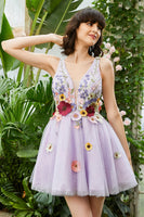 Load image into Gallery viewer, Purple Deep V Neck Open Back Short Prom Dress With 3D Flowers