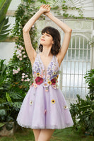 Load image into Gallery viewer, Purple Deep V Neck Open Back Short Prom Dress With 3D Flowers
