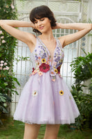 Load image into Gallery viewer, Purple Deep V Neck Open Back Short Prom Dress With 3D Flowers