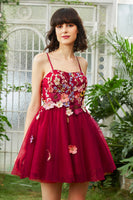 Load image into Gallery viewer, Burgundy A Line Spaghetti Straps Short Prom Dress With 3D Flowers