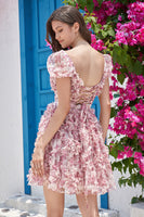 Load image into Gallery viewer, A Line Purple Printed Short Prom Dress with Ruffles